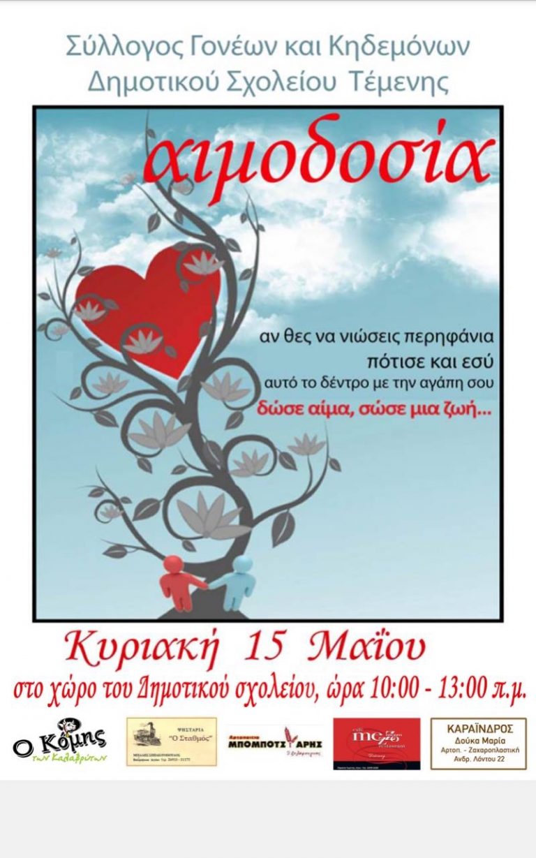 Εθελοντική αιμοδοσία την Κυριακή από το Σύλλογο Γονέων του Δημοτικού Σχολείου Τέμενης
