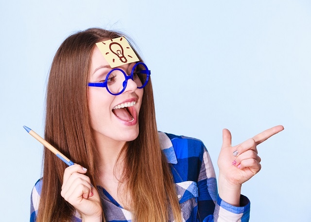 Woman Thinking Light Idea Bulb On Head, Creative Girl Lots Of Id